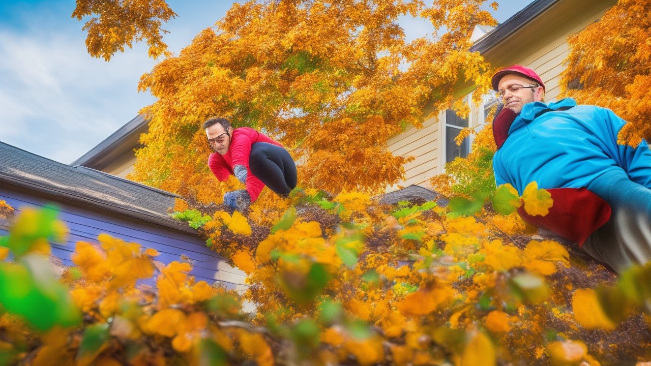 A determined homeowner wearing gloves and safety goggles climbs a sturdy ladder beside a suburban house, hands actively scooping wet leaves and debris from a clogged gutter under warm, cinematic lighting with rich colors and shallow depth of field, capturing the focused effort and moment of hands-on DIY home maintenance against a softly blurred background