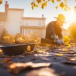 A determined homeowner wearing gloves carefully scooping wet leaves and debris from a rain-soaked gutter atop a sturdy ladder outside a suburban house, bathed in warm golden hour cinematic lighting with rich colors, dramatic angle focusing on the hands and tools—a trowel and bucket visible—capturing the focused effort and satisfaction of proactive DIY maintenance in realistic editorial photography with shallow depth of field.