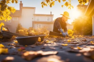 A determined homeowner wearing gloves carefully scooping wet leaves and debris from a rain-soaked gutter atop a sturdy ladder outside a suburban house, bathed in warm golden hour cinematic lighting with rich colors, dramatic angle focusing on the hands and tools—a trowel and bucket visible—capturing the focused effort and satisfaction of proactive DIY maintenance in realistic editorial photography with shallow depth of field.