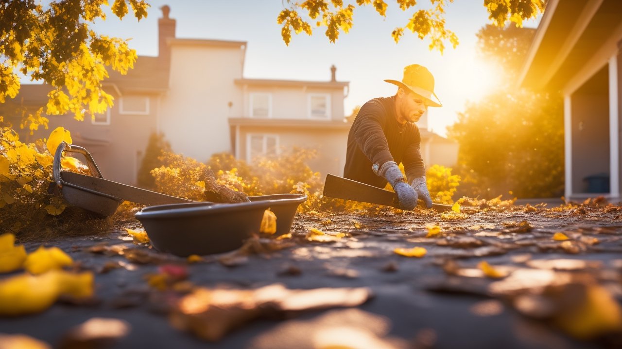 A determined homeowner wearing gloves carefully scooping wet leaves and debris from a rain-soaked gutter atop a sturdy ladder outside a suburban house, bathed in warm golden hour cinematic lighting with rich colors, dramatic angle focusing on the hands and tools—a trowel and bucket visible—capturing the focused effort and satisfaction of proactive DIY maintenance in realistic editorial photography with shallow depth of field.