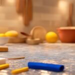 A close-up cinematic shot of determined hands carefully peeling and applying stylish peel-and-stick backsplash tiles onto a kitchen wall, surrounded by DIY tools like a utility knife and tape measure scattered nearby, under warm, rich lighting with shallow depth of field capturing the texture and meticulous effort in a vibrant, realistic kitchen setting.