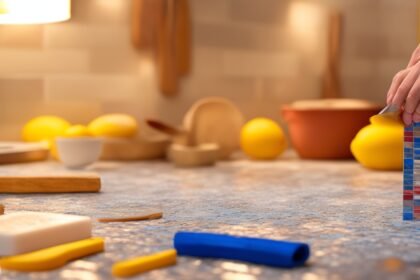 A close-up cinematic shot of determined hands carefully peeling and applying stylish peel-and-stick backsplash tiles onto a kitchen wall, surrounded by DIY tools like a utility knife and tape measure scattered nearby, under warm, rich lighting with shallow depth of field capturing the texture and meticulous effort in a vibrant, realistic kitchen setting.