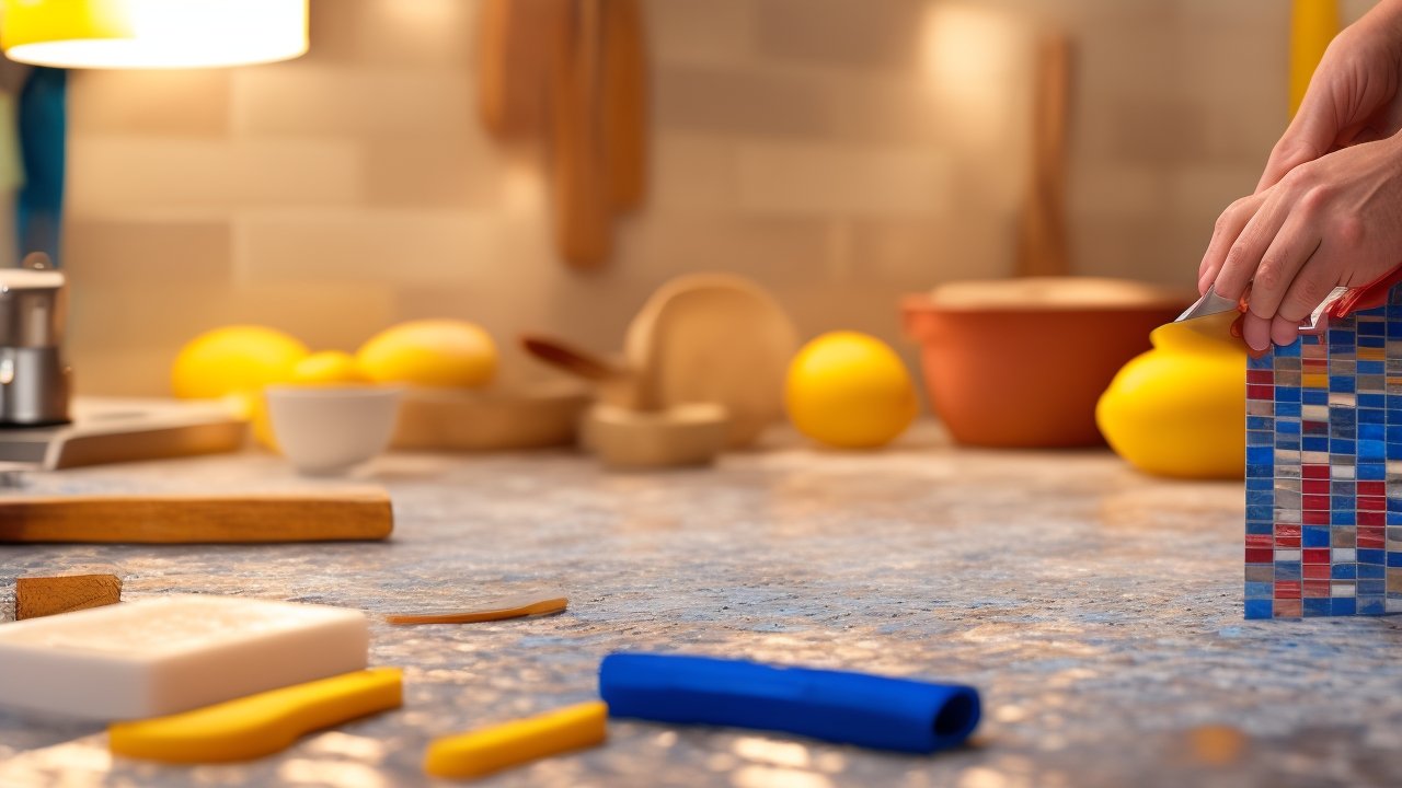 A close-up cinematic shot of determined hands carefully peeling and applying stylish peel-and-stick backsplash tiles onto a kitchen wall, surrounded by DIY tools like a utility knife and tape measure scattered nearby, under warm, rich lighting with shallow depth of field capturing the texture and meticulous effort in a vibrant, realistic kitchen setting.