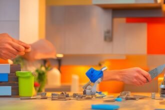 A focused close-up of a determined homeowner’s hands carefully peeling and aligning stylish adhesive backsplash tiles on a kitchen wall, surrounded by simple DIY tools like a level and scissors, captured with cinematic lighting and rich colors to highlight the texture and ease of installation in a warmly lit, real home setting.