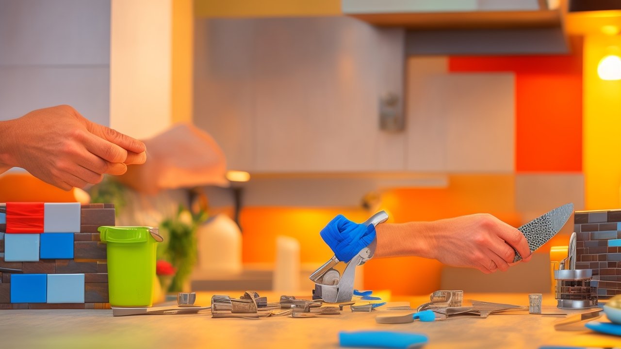 A focused close-up of a determined homeowner’s hands carefully peeling and aligning stylish adhesive backsplash tiles on a kitchen wall, surrounded by simple DIY tools like a level and scissors, captured with cinematic lighting and rich colors to highlight the texture and ease of installation in a warmly lit, real home setting.
