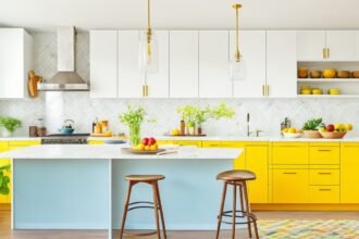 A bright, modern kitchen scene with a homeowner smoothly applying stylish peel-and-stick marble backsplash tiles, surrounded by vibrant natural light and minimal tools, capturing the ease and budget-friendly spirit of DIY home upgrades in 2025.