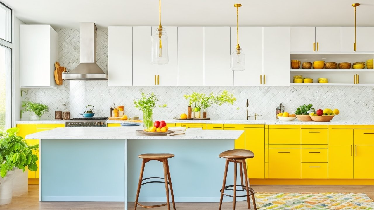 A bright, modern kitchen scene with a homeowner smoothly applying stylish peel-and-stick marble backsplash tiles, surrounded by vibrant natural light and minimal tools, capturing the ease and budget-friendly spirit of DIY home upgrades in 2025.