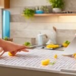 A close-up cinematic shot of a focused homeowner’s hands carefully applying a sleek, peel-and-stick backsplash tile to a kitchen wall, with scattered tile packs, a utility knife, and measuring tape on the counter nearby, bathed in warm, natural light that highlights the textures and vibrant patterns of the tiles, capturing the satisfying moment of a budget-friendly DIY home upgrade in progress.
