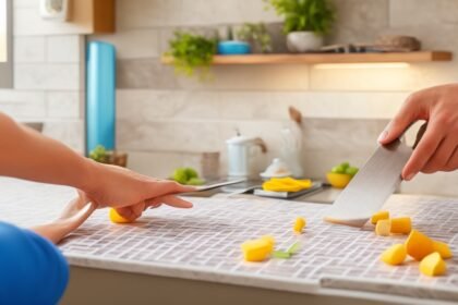 A close-up cinematic shot of a focused homeowner’s hands carefully applying a sleek, peel-and-stick backsplash tile to a kitchen wall, with scattered tile packs, a utility knife, and measuring tape on the counter nearby, bathed in warm, natural light that highlights the textures and vibrant patterns of the tiles, capturing the satisfying moment of a budget-friendly DIY home upgrade in progress.