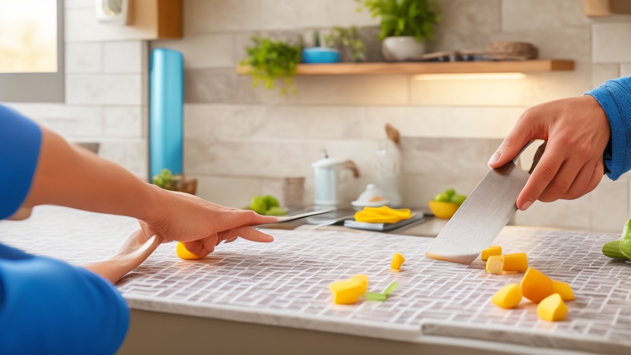 A close-up cinematic shot of a focused homeowner’s hands carefully applying a sleek, peel-and-stick backsplash tile to a kitchen wall, with scattered tile packs, a utility knife, and measuring tape on the counter nearby, bathed in warm, natural light that highlights the textures and vibrant patterns of the tiles, capturing the satisfying moment of a budget-friendly DIY home upgrade in progress.