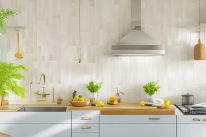 A bright, modern kitchen scene featuring a close-up of hands carefully applying sleek, geometric peel-and-stick backsplash tiles on a clean wall, with natural light highlighting the fresh, stylish transformation in progress.