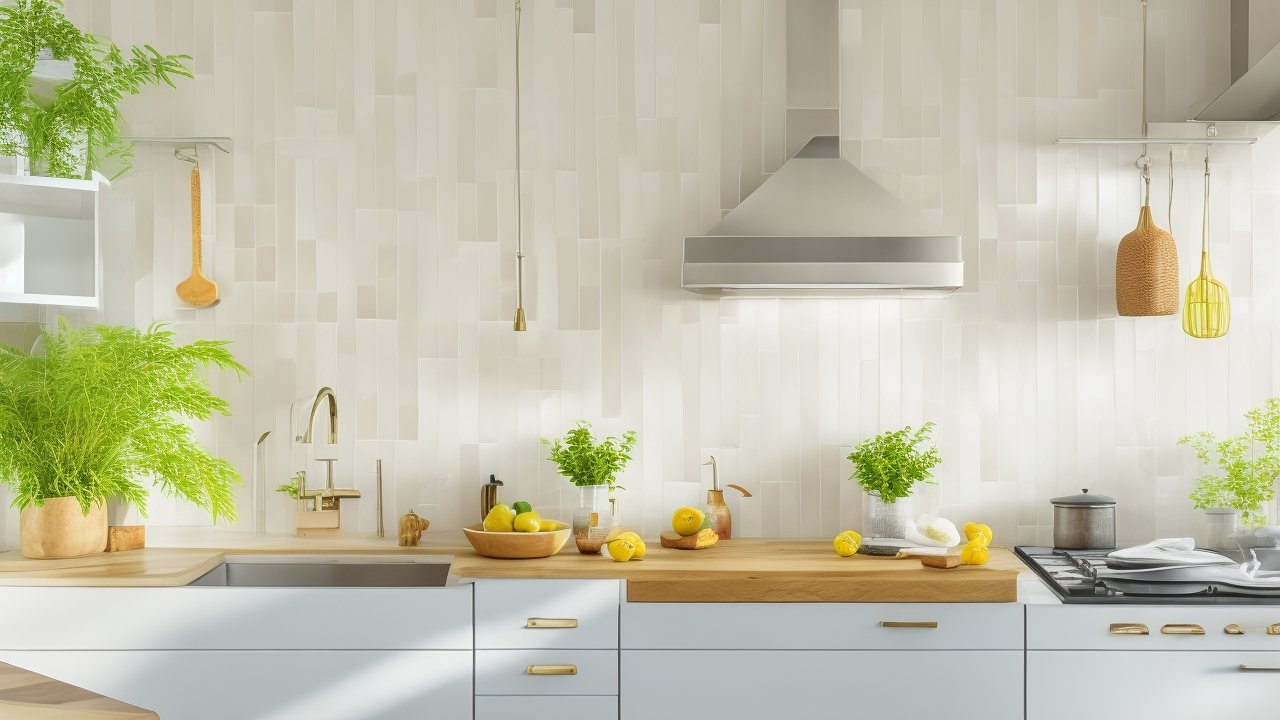 A bright, modern kitchen scene featuring a close-up of hands carefully applying sleek, geometric peel-and-stick backsplash tiles on a clean wall, with natural light highlighting the fresh, stylish transformation in progress.