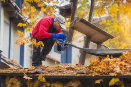 A determined homeowner intently cleaning debris from a gutter using a sturdy ladder and gloves, surrounded by fallen leaves and maintenance tools in cinematic lighting with rich colors and shallow depth of field, capturing the focus and satisfaction of a DIY home repair moment.