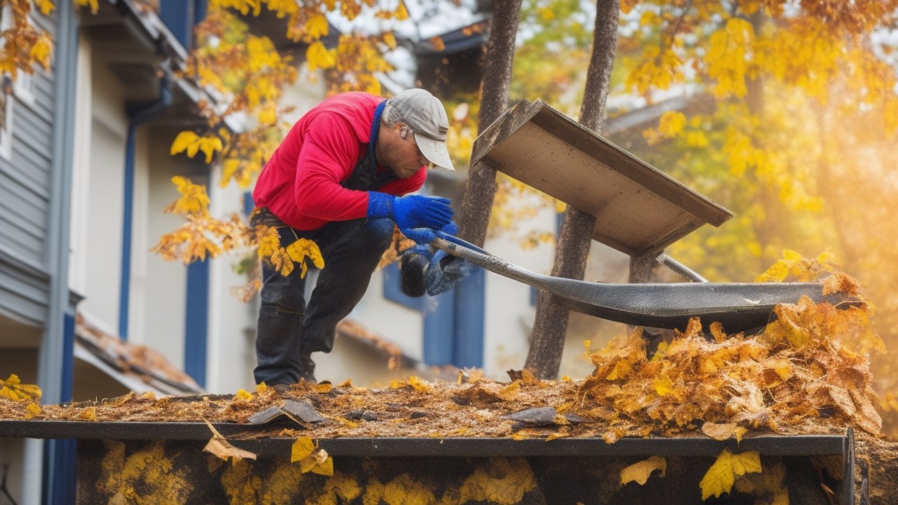 A determined homeowner intently cleaning debris from a gutter using a sturdy ladder and gloves, surrounded by fallen leaves and maintenance tools in cinematic lighting with rich colors and shallow depth of field, capturing the focus and satisfaction of a DIY home repair moment.
