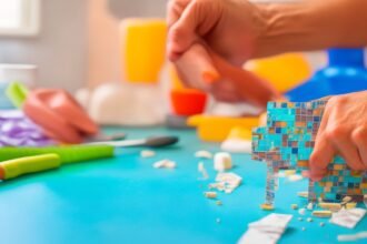 A close-up cinematic shot of hands carefully peeling and aligning a stylish peel-and-stick backsplash tile on a kitchen wall, with scattered tiles, a utility knife, measuring tape, and soft natural light highlighting the focused, determined expression of a homeowner mid-DIY makeover, captured with rich colors and shallow depth of field.