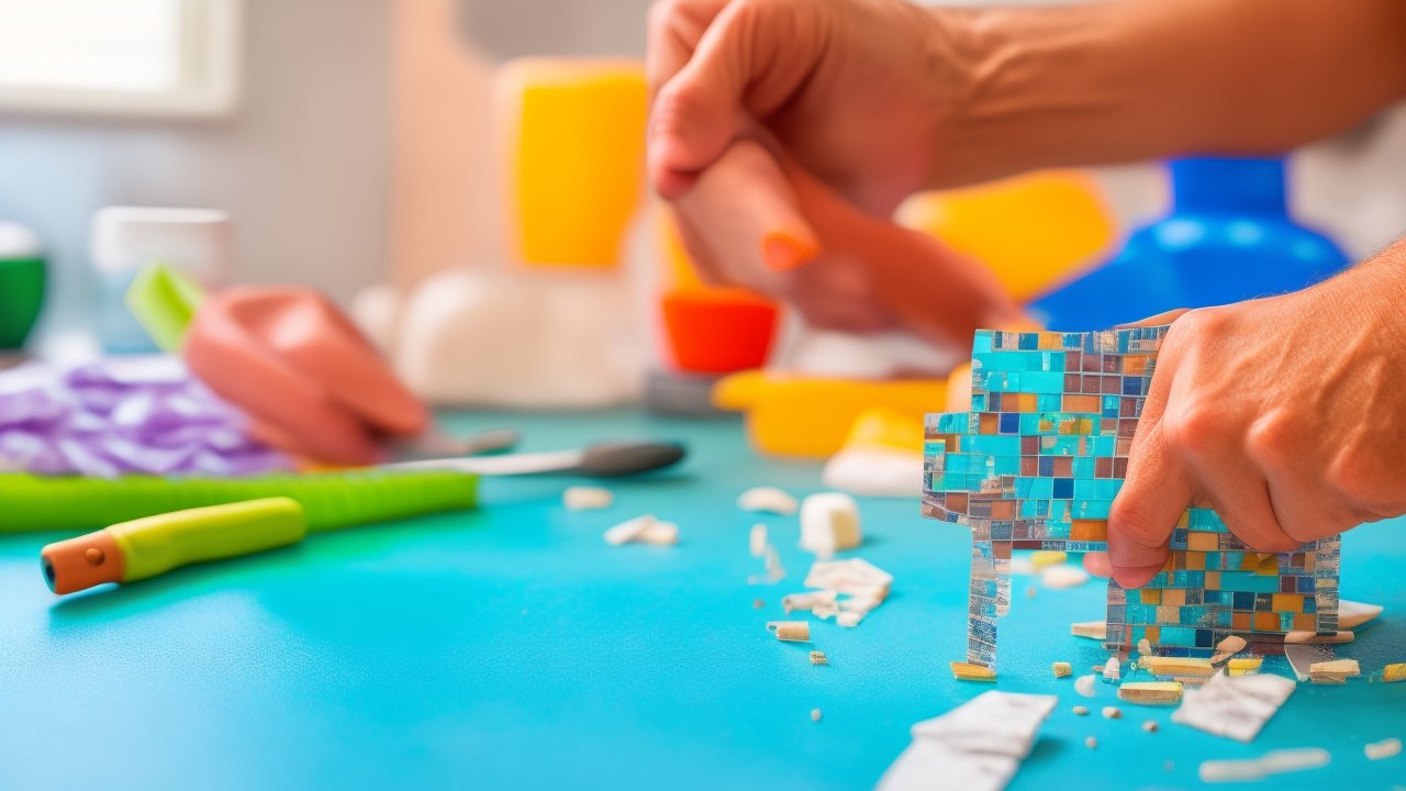 A close-up cinematic shot of hands carefully peeling and aligning a stylish peel-and-stick backsplash tile on a kitchen wall, with scattered tiles, a utility knife, measuring tape, and soft natural light highlighting the focused, determined expression of a homeowner mid-DIY makeover, captured with rich colors and shallow depth of field.