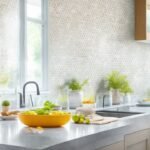 A bright, modern kitchen mid-renovation with a focused close-up of hands carefully applying glossy peel-and-stick backsplash tiles in a stylish pattern over a clean, neutral-toned wall, illuminated by natural light streaming through a nearby window.
