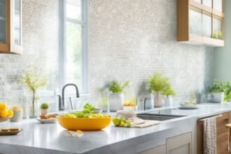 A bright, modern kitchen mid-renovation with a focused close-up of hands carefully applying glossy peel-and-stick backsplash tiles in a stylish pattern over a clean, neutral-toned wall, illuminated by natural light streaming through a nearby window.