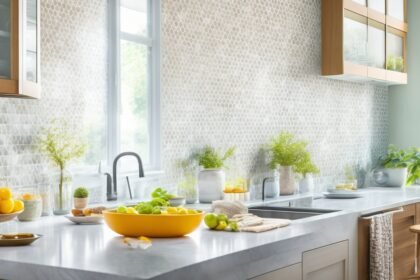 A bright, modern kitchen mid-renovation with a focused close-up of hands carefully applying glossy peel-and-stick backsplash tiles in a stylish pattern over a clean, neutral-toned wall, illuminated by natural light streaming through a nearby window.