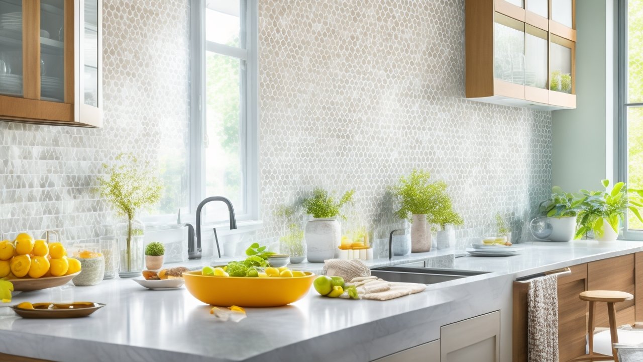 A bright, modern kitchen mid-renovation with a focused close-up of hands carefully applying glossy peel-and-stick backsplash tiles in a stylish pattern over a clean, neutral-toned wall, illuminated by natural light streaming through a nearby window.