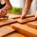 A determined homeowner’s hands carefully peeling and aligning realistic wood-grain peel-and-stick panels on a kitchen cabinet door, bathed in warm cinematic lighting with shallow depth of field highlighting textured surface and DIY tools like a utility knife and measuring tape nearby, evoking focused concentration and effortless transformation in a stylish, editorial home setting.