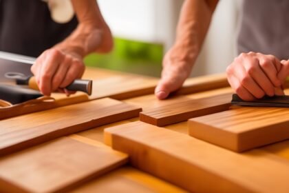A determined homeowner’s hands carefully peeling and aligning realistic wood-grain peel-and-stick panels on a kitchen cabinet door, bathed in warm cinematic lighting with shallow depth of field highlighting textured surface and DIY tools like a utility knife and measuring tape nearby, evoking focused concentration and effortless transformation in a stylish, editorial home setting.