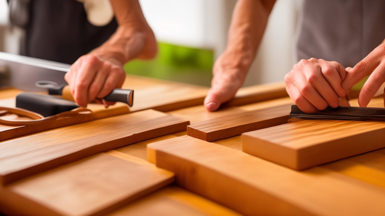 A determined homeowner’s hands carefully peeling and aligning realistic wood-grain peel-and-stick panels on a kitchen cabinet door, bathed in warm cinematic lighting with shallow depth of field highlighting textured surface and DIY tools like a utility knife and measuring tape nearby, evoking focused concentration and effortless transformation in a stylish, editorial home setting.