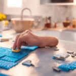 A determined homeowner’s hands peeling and carefully applying a stylish peel-and-stick tile onto a kitchen backsplash under warm cinematic lighting, with scattered tools like a utility knife and measuring tape on the counter, captured in a dramatic close-up with shallow depth of field and rich, vibrant colors conveying focus and the satisfaction of effortless DIY home transformation.