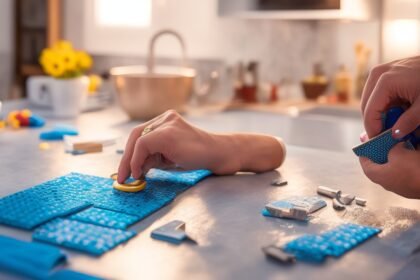 A determined homeowner’s hands peeling and carefully applying a stylish peel-and-stick tile onto a kitchen backsplash under warm cinematic lighting, with scattered tools like a utility knife and measuring tape on the counter, captured in a dramatic close-up with shallow depth of field and rich, vibrant colors conveying focus and the satisfaction of effortless DIY home transformation.