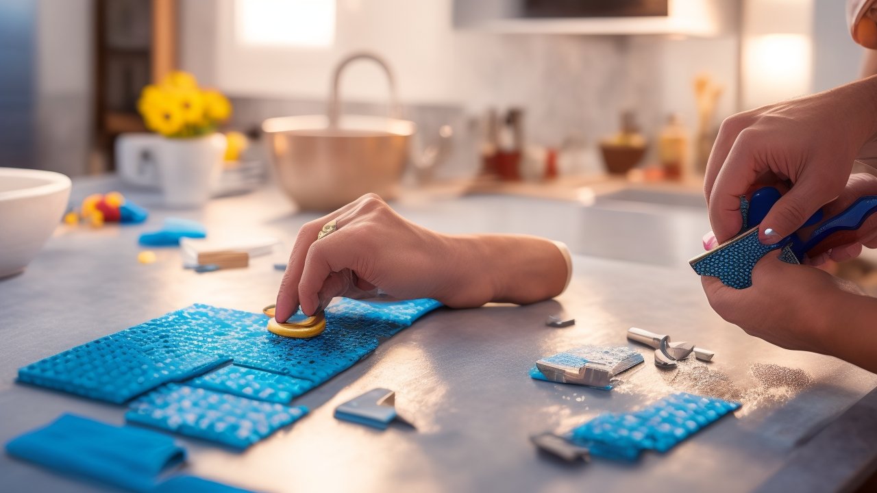 A determined homeowner’s hands peeling and carefully applying a stylish peel-and-stick tile onto a kitchen backsplash under warm cinematic lighting, with scattered tools like a utility knife and measuring tape on the counter, captured in a dramatic close-up with shallow depth of field and rich, vibrant colors conveying focus and the satisfaction of effortless DIY home transformation.