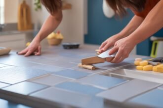 A focused close-up of determined hands carefully applying sleek peel-and-stick tiles to a kitchen backsplash in warm, cinematic lighting, with scattered DIY tools like a utility knife and smoothing tool subtly visible, capturing the satisfying moment of a modern, budget-friendly home transformation in progress.