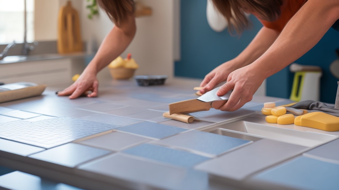 A focused close-up of determined hands carefully applying sleek peel-and-stick tiles to a kitchen backsplash in warm, cinematic lighting, with scattered DIY tools like a utility knife and smoothing tool subtly visible, capturing the satisfying moment of a modern, budget-friendly home transformation in progress.