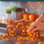 A focused close-up of a determined person’s hands carefully applying a peel-and-stick tile backsplash in a modern kitchen, cinematic lighting highlighting the textured tile surface and adhesive backing, rich warm colors with a shallow depth of field blurring the background, capturing the satisfying moment of smooth, precise installation in a realistic, editorial photography style.