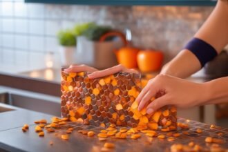 A focused close-up of a determined person’s hands carefully applying a peel-and-stick tile backsplash in a modern kitchen, cinematic lighting highlighting the textured tile surface and adhesive backing, rich warm colors with a shallow depth of field blurring the background, capturing the satisfying moment of smooth, precise installation in a realistic, editorial photography style.
