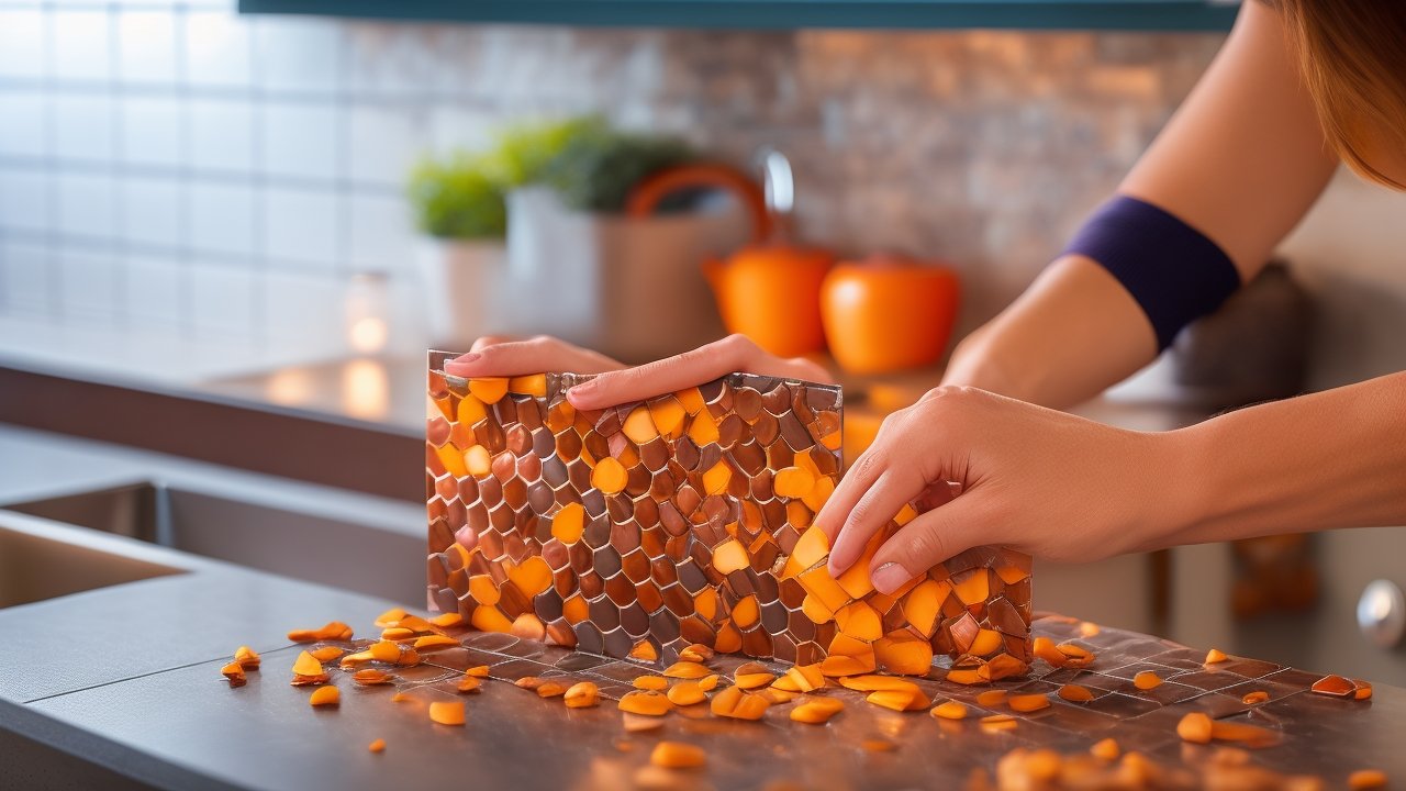 A focused close-up of a determined person’s hands carefully applying a peel-and-stick tile backsplash in a modern kitchen, cinematic lighting highlighting the textured tile surface and adhesive backing, rich warm colors with a shallow depth of field blurring the background, capturing the satisfying moment of smooth, precise installation in a realistic, editorial photography style.