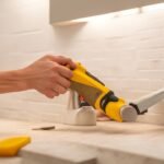 A determined homeowner’s hands carefully peeling and aligning a stylish peel-and-stick backsplash tile on a clean kitchen wall, surrounded by a utility knife, a carpenter’s level, and a caulk gun on the counter, captured with cinematic lighting and a shallow depth of field that highlights the precision and transformation in progress.