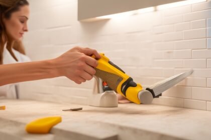 A determined homeowner’s hands carefully peeling and aligning a stylish peel-and-stick backsplash tile on a clean kitchen wall, surrounded by a utility knife, a carpenter’s level, and a caulk gun on the counter, captured with cinematic lighting and a shallow depth of field that highlights the precision and transformation in progress.