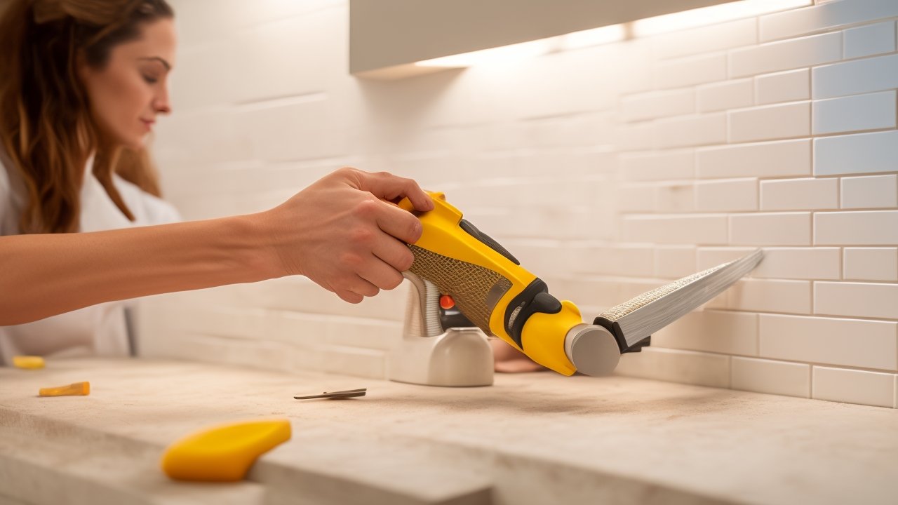 A determined homeowner’s hands carefully peeling and aligning a stylish peel-and-stick backsplash tile on a clean kitchen wall, surrounded by a utility knife, a carpenter’s level, and a caulk gun on the counter, captured with cinematic lighting and a shallow depth of field that highlights the precision and transformation in progress.