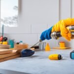 Cinematic, editorial-style photograph of focused hands wearing protective gloves using a cordless drill to install peel-and-stick backsplash tiles in a bright kitchen, with scattered tools and smart home devices subtly visible on the countertop, shot with dramatic lighting and shallow depth of field to capture determination and hands-on transformation in progress