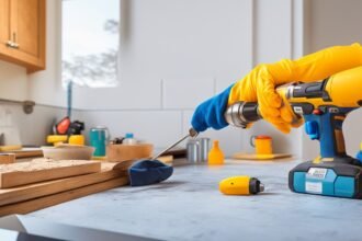 Cinematic, editorial-style photograph of focused hands wearing protective gloves using a cordless drill to install peel-and-stick backsplash tiles in a bright kitchen, with scattered tools and smart home devices subtly visible on the countertop, shot with dramatic lighting and shallow depth of field to capture determination and hands-on transformation in progress