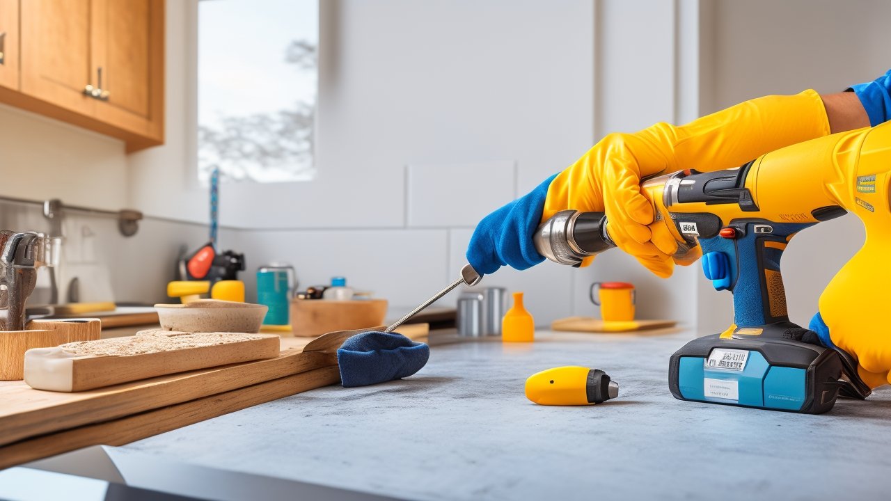 Cinematic, editorial-style photograph of focused hands wearing protective gloves using a cordless drill to install peel-and-stick backsplash tiles in a bright kitchen, with scattered tools and smart home devices subtly visible on the countertop, shot with dramatic lighting and shallow depth of field to capture determination and hands-on transformation in progress