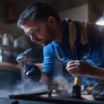 A determined homeowner intensely focused under warm cinematic lighting, using a wrench to tighten a dripping faucet in a modest kitchen, surrounded by scattered tools and peel-and-stick tile samples, captured with a dramatic angle and shallow depth of field highlighting hands-on DIY effort and the satisfaction of budget-friendly home maintenance.