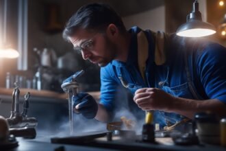 A determined homeowner intensely focused under warm cinematic lighting, using a wrench to tighten a dripping faucet in a modest kitchen, surrounded by scattered tools and peel-and-stick tile samples, captured with a dramatic angle and shallow depth of field highlighting hands-on DIY effort and the satisfaction of budget-friendly home maintenance.