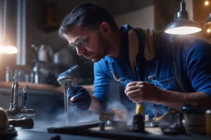 A determined homeowner intensely focused under warm cinematic lighting, using a wrench to tighten a dripping faucet in a modest kitchen, surrounded by scattered tools and peel-and-stick tile samples, captured with a dramatic angle and shallow depth of field highlighting hands-on DIY effort and the satisfaction of budget-friendly home maintenance.