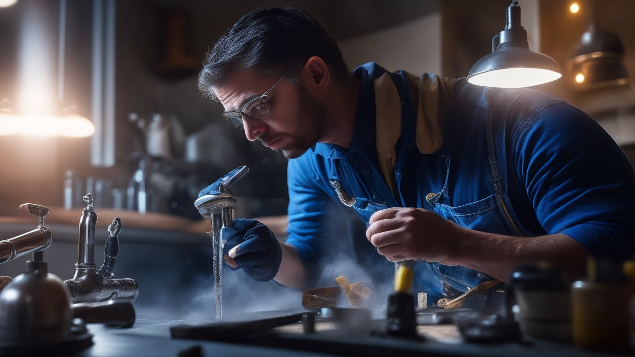 A determined homeowner intensely focused under warm cinematic lighting, using a wrench to tighten a dripping faucet in a modest kitchen, surrounded by scattered tools and peel-and-stick tile samples, captured with a dramatic angle and shallow depth of field highlighting hands-on DIY effort and the satisfaction of budget-friendly home maintenance.