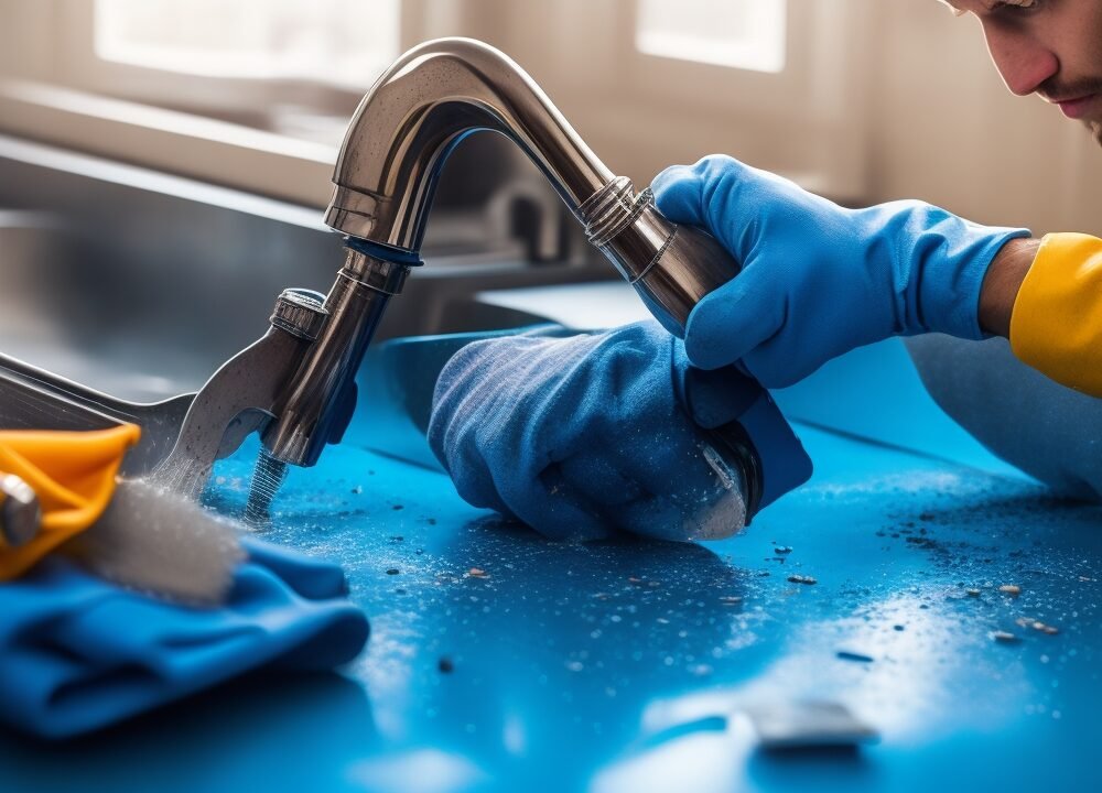 A close-up cinematic shot of determined hands wearing work gloves using a wrench to tighten a leaky kitchen faucet, with scattered cleaning supplies and peel-and-stick tiles visible nearby, captured with dramatic lighting and shallow depth of field to emphasize focused DIY home maintenance effort.