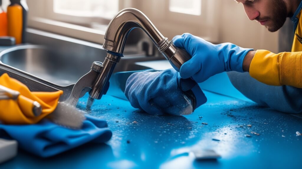 A close-up cinematic shot of determined hands wearing work gloves using a wrench to tighten a leaky kitchen faucet, with scattered cleaning supplies and peel-and-stick tiles visible nearby, captured with dramatic lighting and shallow depth of field to emphasize focused DIY home maintenance effort.
