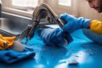 A close-up cinematic shot of determined hands wearing work gloves using a wrench to tighten a leaky kitchen faucet, with scattered cleaning supplies and peel-and-stick tiles visible nearby, captured with dramatic lighting and shallow depth of field to emphasize focused DIY home maintenance effort.