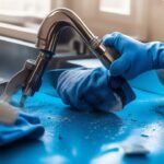 A close-up cinematic shot of determined hands wearing work gloves using a wrench to tighten a leaky kitchen faucet, with scattered cleaning supplies and peel-and-stick tiles visible nearby, captured with dramatic lighting and shallow depth of field to emphasize focused DIY home maintenance effort.