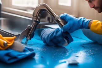 A close-up cinematic shot of determined hands wearing work gloves using a wrench to tighten a leaky kitchen faucet, with scattered cleaning supplies and peel-and-stick tiles visible nearby, captured with dramatic lighting and shallow depth of field to emphasize focused DIY home maintenance effort.